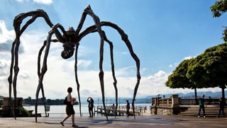 Eine übergrosse Spinnenplastik am Bürkliplatz in Zürich, davor eine Passantin auf dem Trottoir, dahinter der See.