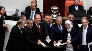 Der türkische Ministerpräsident Binali Yildirim und Parlamentsmitglieder posieren bei der Urne für ein Foto.