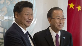 Zwei Männer lächeln in die Kamera, im Hintergrund das UNO-Symbol. 
