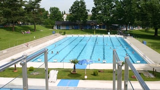 Blick auf das Schwimmbecken des Freibades Dübendorf, eingebettet in Wiesen und Bäumen