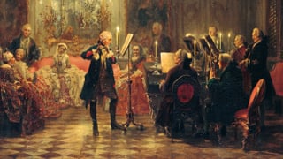 Gemälde eines Mannes, der bei Kerzenschein Flöte ab Noten spielt – um ihn herum stehen und sitzen die Zuhörer.