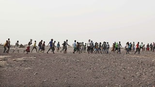 Menschen gehen über ein karges Steinfeld in einer langen Reihe, sie flüchten.