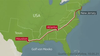 Eine Grafik; eine rote Linie die von New Jersey über Atlanta bis Houston durch die halbe USA führt Eine Grafik; eine rote Linie die von New Jersey über Atlanta bis Houston durch die halbe USA führt
