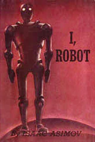 Ein dunkelroter Roboter mit weissen Augen vor rotem Hintergrund