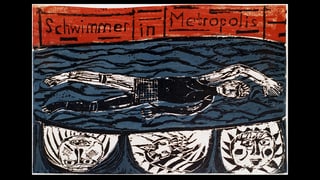 Holzschnitt eines Schwimmers vor dem Schriftzug "Schwimmer in Metropolis+