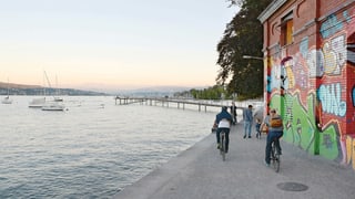 Velofahrer, direkt am See. Im Hintergrund: ein langer Steg Velofahrer, direkt am See. Im Hintergrund: ein langer Steg