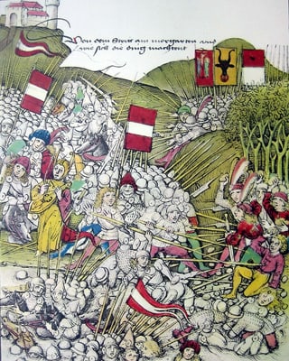 Eine historische Zeichnung von zwei grossen Heeren, die gegeneinander kämpfen.