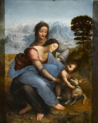 Bild der heiligen Anna, auf deren Schoss sitzt Maria und greift nach Jesus, der mit einem Lamm spielt.