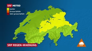 Regenwarnkarte mit Gefahr von Starkregen von der Zentralschweiz bis in die östlichen Voralpen.