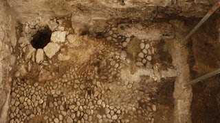 Der neu entdeckte Keller im Haus Krieg mit gepflastertem Boden und einem Sodbrunnen.