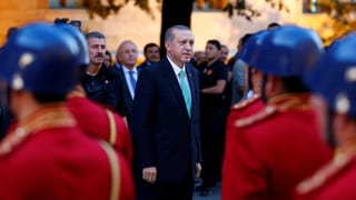 Der türkische Präsident Erdogan steht vor Soldaten.