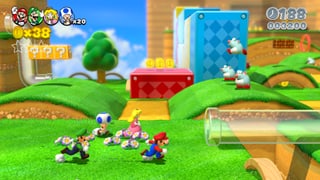 Vier Spieler, vier Figuren: Mario, Luigi, Peach, Toad.