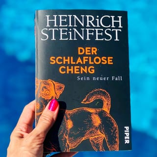 Annette König hält den Krimi "Der schlaflose Cheng" von Heinrich Steinfest vor blaues Wasser Annette König hält den Krimi "Der schlaflose Cheng" von Heinrich Steinfest vor blaues Wasser