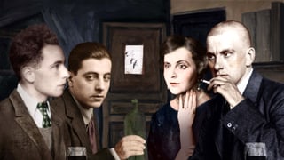 Bildcollage aus Fotos der vier Personen an einem Tisch, Wein trinkend. 