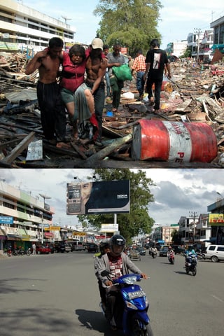 Das Kombibild zeigt das Quartier Peunayong in Banda Aceh auf der indonesischen Insel Sumatra – wenige Stunden nach dem Tsunami und fünf jahre später. (keystone)