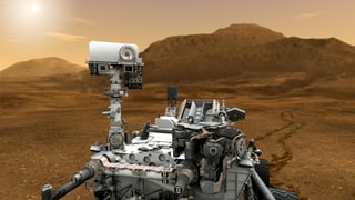 Künstlerische Darstellung des Rovers Curiosity auf der Marsoberfläche.