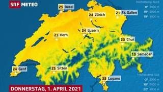 Temperaturen am Gründonnerstag. Basel und Lugano 25 Grad.