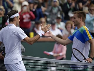 Roger Federer und Peter Gojowczyk in Indian Wells. Roger Federer und Peter Gojowczyk in Indian Wells.