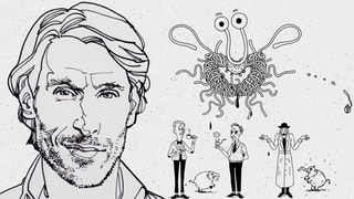 Strichzeichnung: Philipp Hübls Kopf. Daneben drei Männchen, zwei Elefanten und ein fliegendes Sphaghettimonster.
