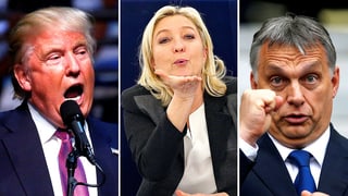 Collage mit Marine Le Pen, Victor Orban und Donald Trump.