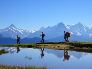 Alpen mit drei Wanderer an einem Seelein bei viel Sonnenschein. 
