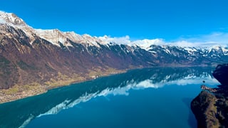 Blick auf den blauen Brienzersee unter einem wolkenlosen Himmel.