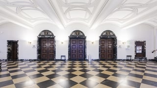 Zu sehen ist die Eingangshalle des Bezirksgerichts Zürich. Der Boden ist schachbrettartig gemustert. Die Halle ist leer. Drei mächtige Holztüren sind geschlossen. Zwei kleinere Türen ebenfalls. Die Decke strahlt weiss. 