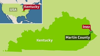 Karte der USA mit Kentucky, dem Martin County und Inez.
