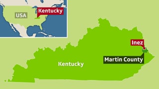 Karte der USA mit Kentucky, dem Martin County und Inez. Karte der USA mit Kentucky, dem Martin County und Inez.
