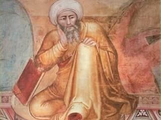 Fresko eines sitzenden Philosophen. Er trägt einen weissen Turban und ein goldgelbes Gewand und stützt seinen Kopf auf den Arm. 