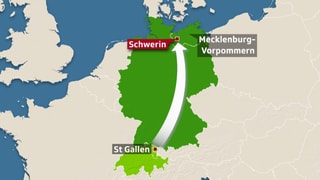 Europakarte, darauf ist St.Gallen und Schwerin in Mecklenburg-Vorpommern eingezeichnet.