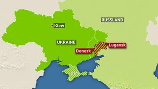 Karte mit Ukraine und Russland, eingezeichnet die Konfliktregionen