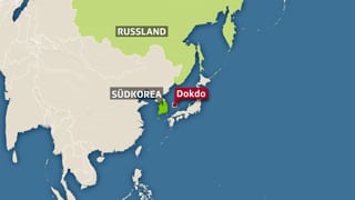 Karte auf der Südkorea und rechts beziehungsweise östlich davon die Insel Dokodo eingezeichnet ist. Karte auf der Südkorea und rechts beziehungsweise östlich davon die Insel Dokodo eingezeichnet ist.