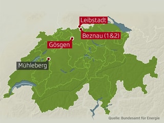 Standorte der vier Kernkraftwerke der Schweiz