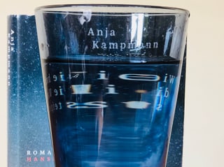 Der Roman «Wie hoch die Wasser steigen» steht hinter einem gefüllten Wasserglas. Die Schrift des Buchtitels ist leicht verschwommen.