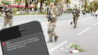 Bild von Soldaten in Nizza, darüber ein Smartphone mit der entsprechenden Push-Nachricht.