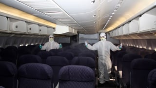 Fachleute in Schutzkleidung desinfizieren ein Flugzeug, das in Peking gelandet ist – aus Angst vor einem Import des H1N1-Virus.