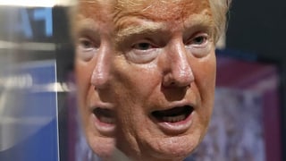 Donald Trumps Gesicht spiegelt sich in einer Glasscheibe