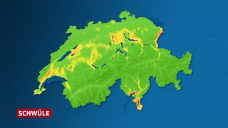 Im Vergleich zum Mittwoch sind weniger Regionen organe eingefärbt. Nach wie vor orange sind einige Regionen im Mittelland, das Rheintal sowie das Mittel- und Südtessin.