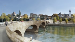 Zeichnung einer Brücke über einen Fluss, dahinter eine historische Stadt