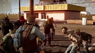 Ein Mann schiesst mit einem Gewehr auf eine Zombie-Horde