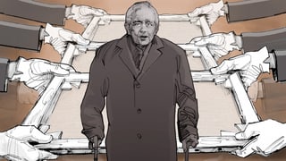 Illustration: Hände zerren in verschiedene Richtungen an Bildern. Im Vordergrund ein älterer Mann. 