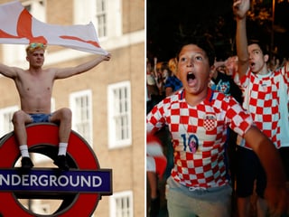 Kombibild mit englischen und kroatischen Fans, die jubeln.