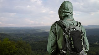 Ein Mann in Funktionsjacke und Rucksack blickt über eine grüne Landschaft.