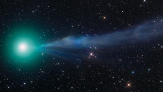 Eine Teleaufnahme des Kometen zeigt die grüne Aura und den blauen Schweif.