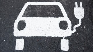 Ein Symbol für ein Elektroauto markiert einen Parkplatz neben einer E-Ladesäule in Deutschland.