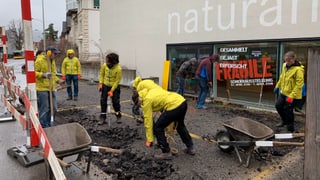 Mitarbeiterinnen und Mitarbeiter des Naturamas in Aarau entfernen den Teer mit Presslufthammer, Pickel und Schaufeln.