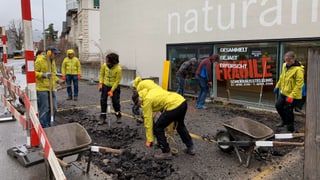 Mitarbeiterinnen und Mitarbeiter des Naturamas in Aarau entfernen den Teer mit Presslufthammer, Pickel und Schaufeln. Mitarbeiterinnen und Mitarbeiter des Naturamas in Aarau entfernen den Teer mit Presslufthammer, Pickel und Schaufeln.