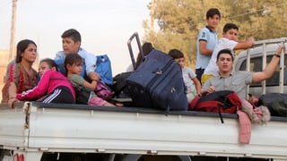 Flüchtlinge auf dem Dach eines Fahrzeugs