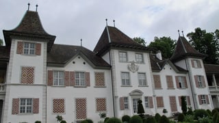 Bild des Schlosses von aussen. Es besteht aus mehreren Gebäudeteilen. Die Fensterläden sind rot-weiss angestrichen.